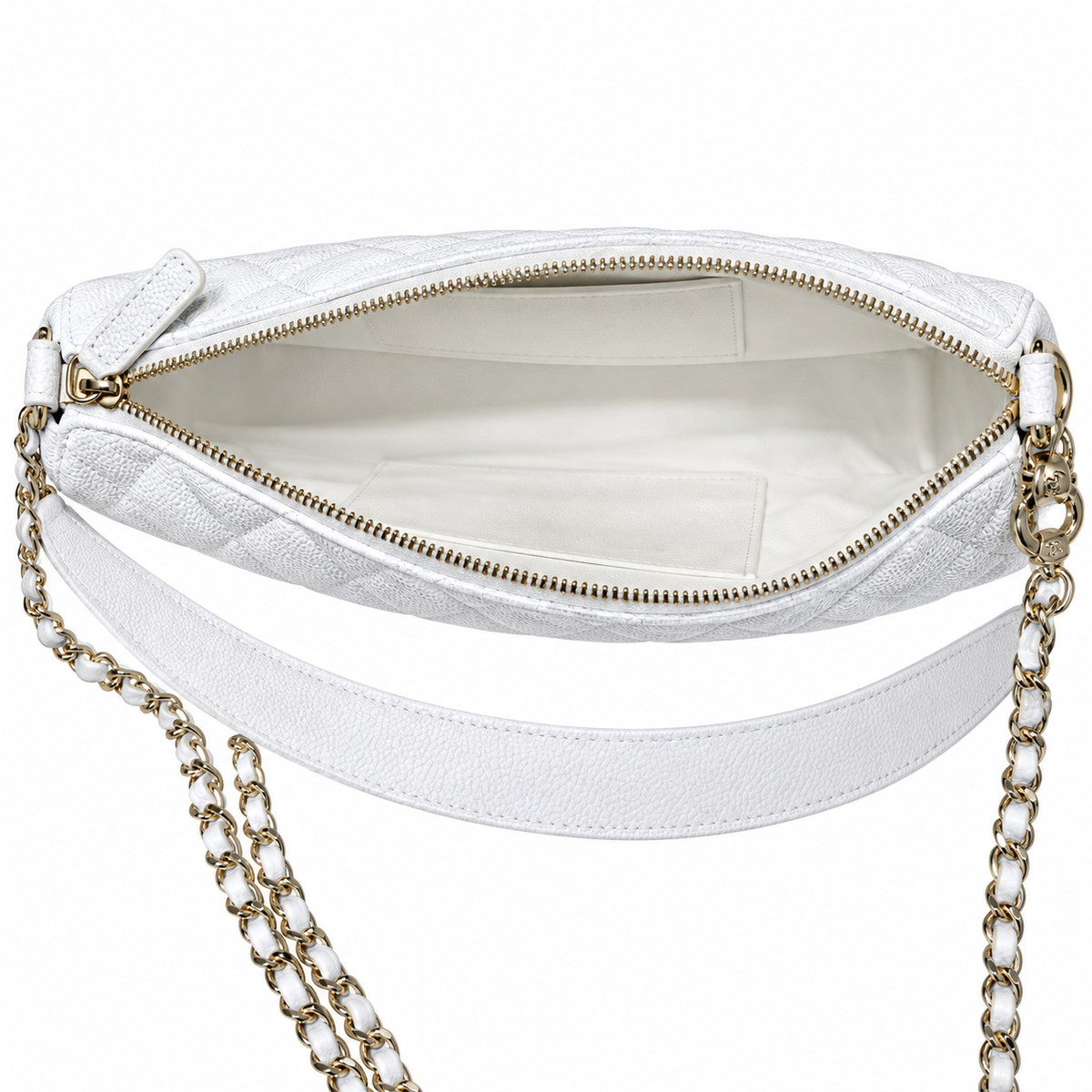 Chanel Crescent Hobo Quilted Caviar White Gold Pearl Zip Dual Chain 22cm