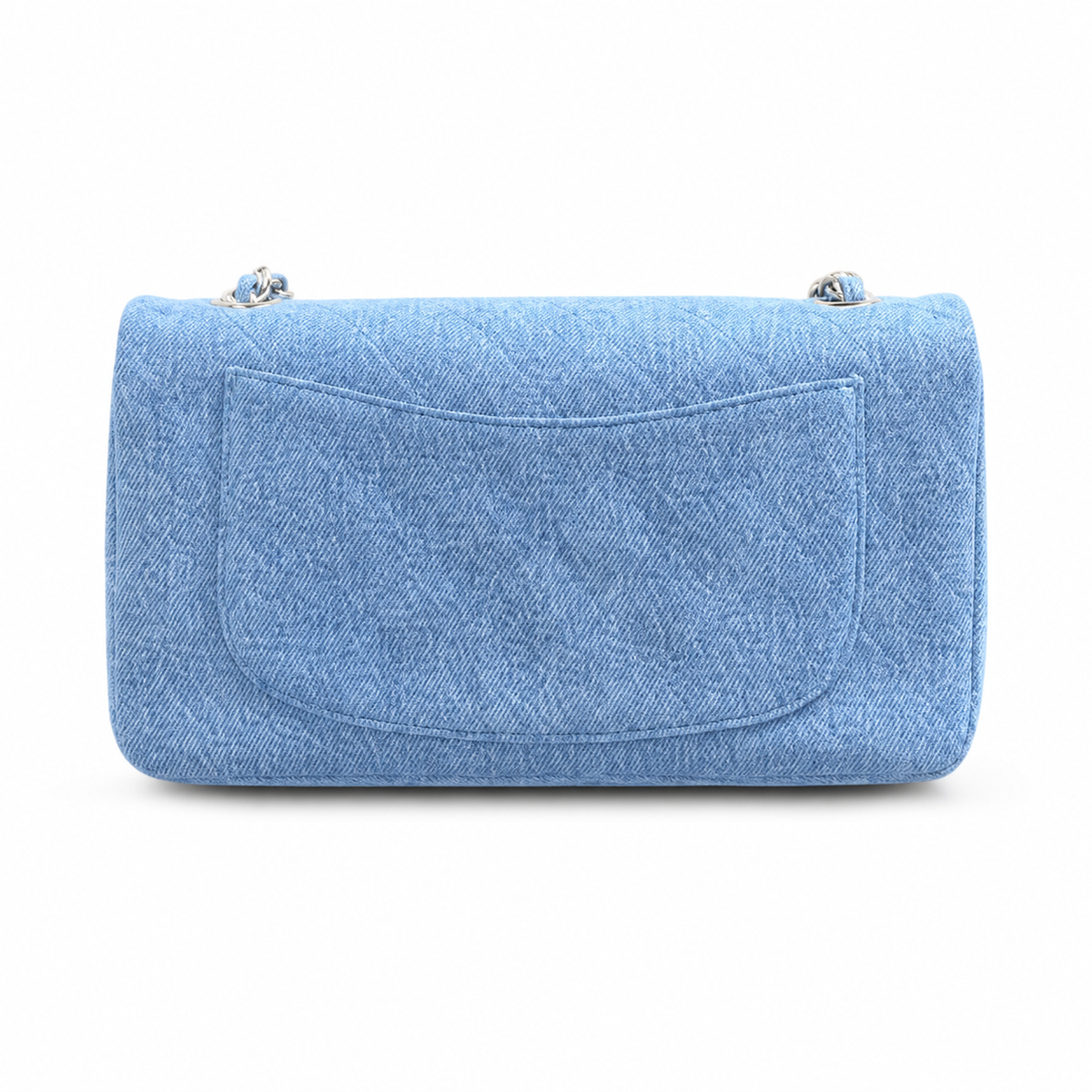 Chanel Classic Double Flap Bag Light Blue Quilted Denim | Gold Chain & Burgundy Zip Accents — 32cm