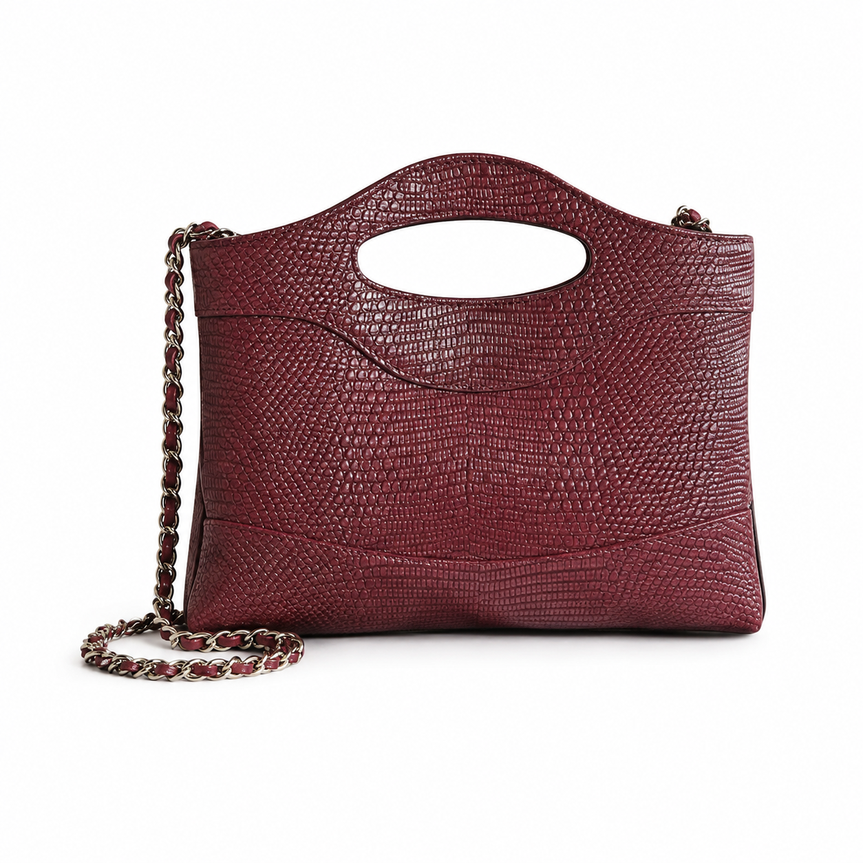 Chanel Burgundy Lizard-Embossed Leather Tote | Cut-Out Handle & Ruthenium Chain Strap