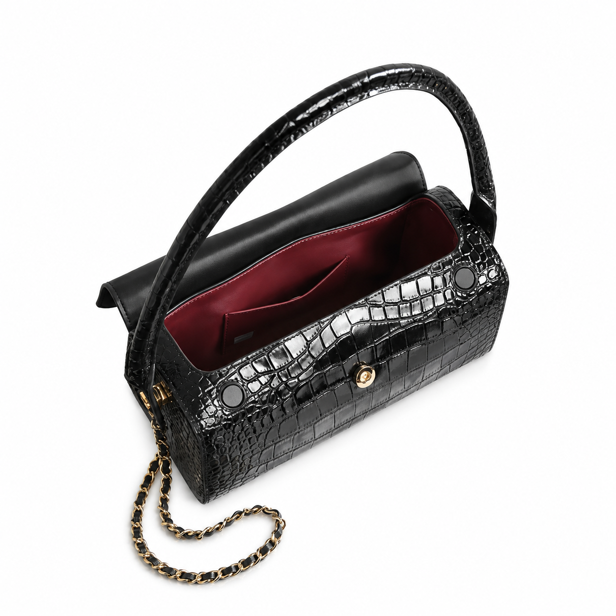 Chanel Black Croc-Embossed Patent Boxy Flap Bag | Arched Handle, Gold Turn-Lock & Chain