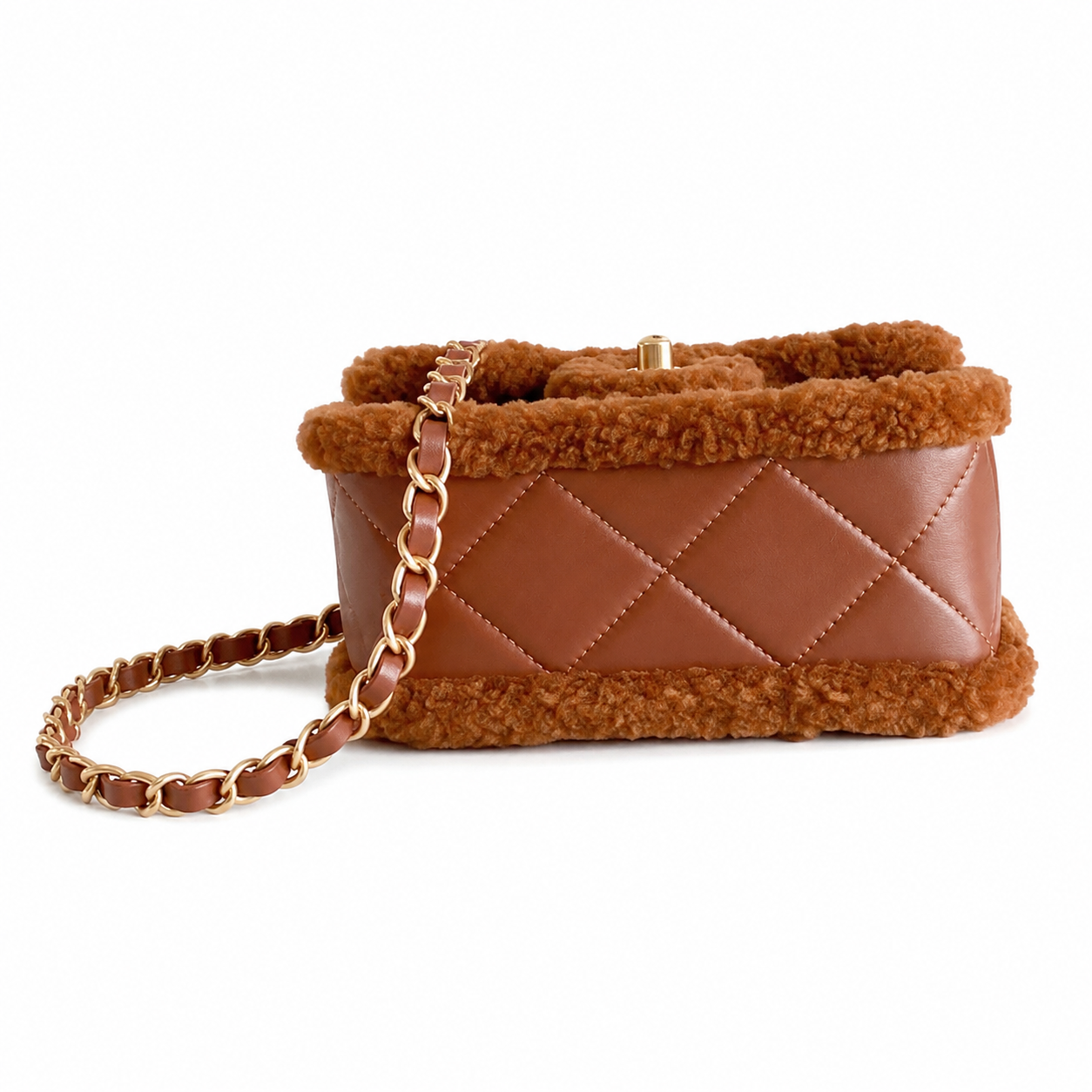 Chanel Shearling Trim Quilted Flap Bag | Gold Chain Caramel Brown — 12x18cm