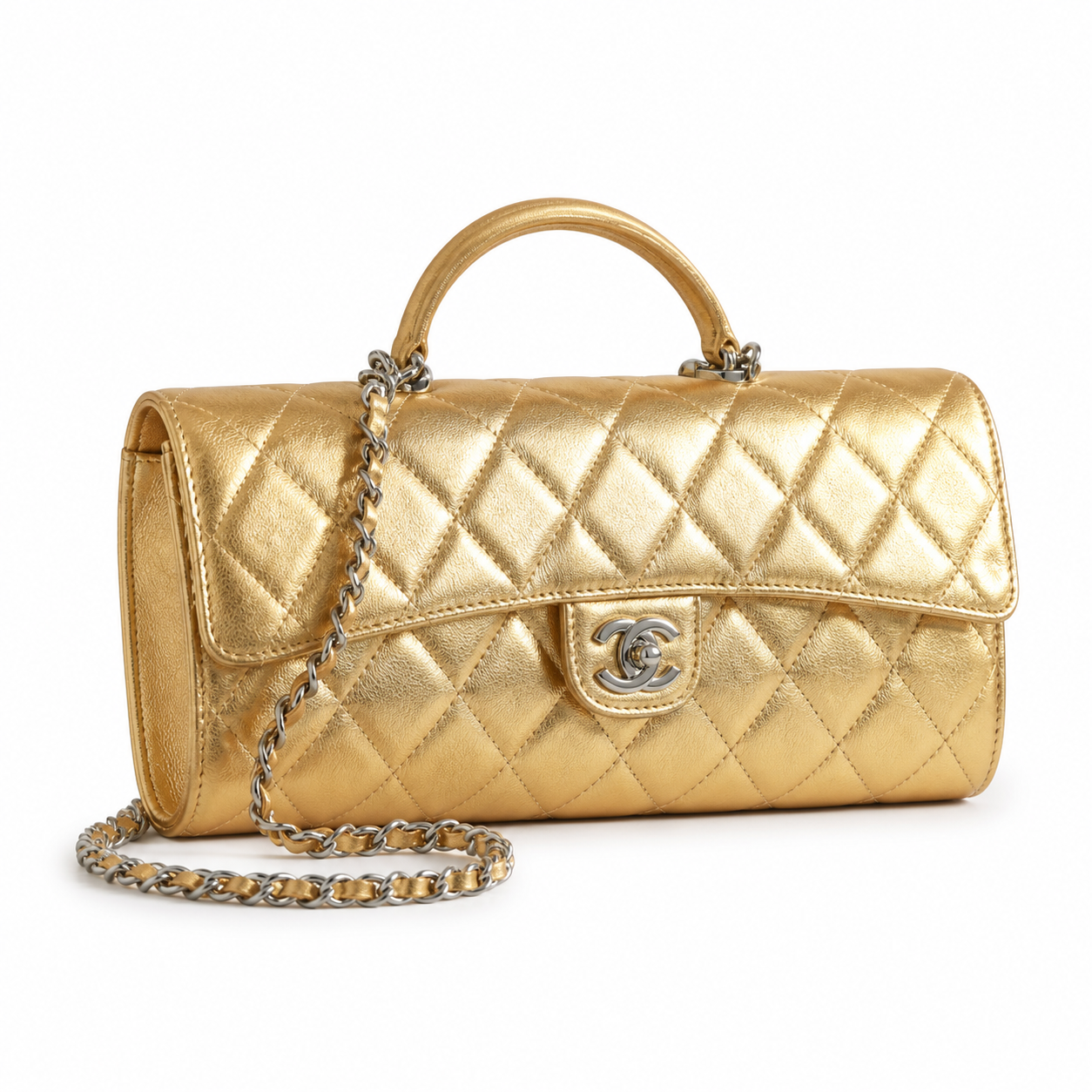 Chanel CC Quilted Cylindrical Flap Bag | Gold Metallic & Silver — 25cm