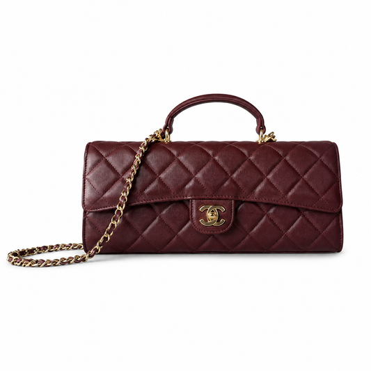 Chanel Dark Burgundy Diamond-Quilted Grained Leather Elongated Flap Bag | Top Handle & Gold Chain