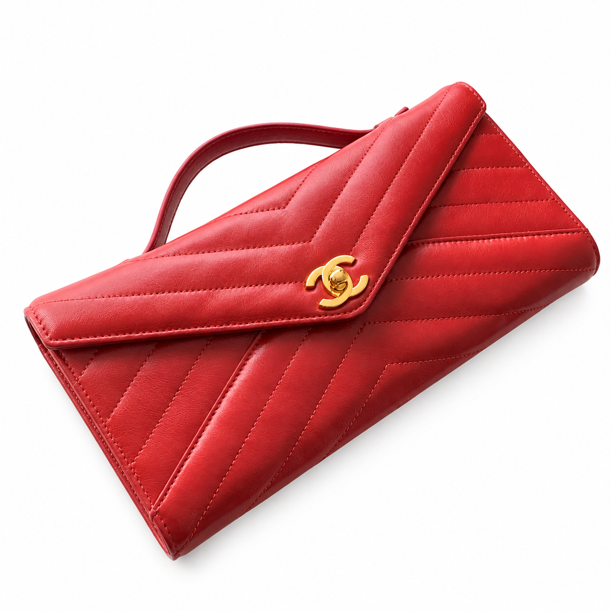 Chanel Scarlet Red Chevron-Quilted Lambskin Envelope Bag | Tonal Top Handle & Gold CC