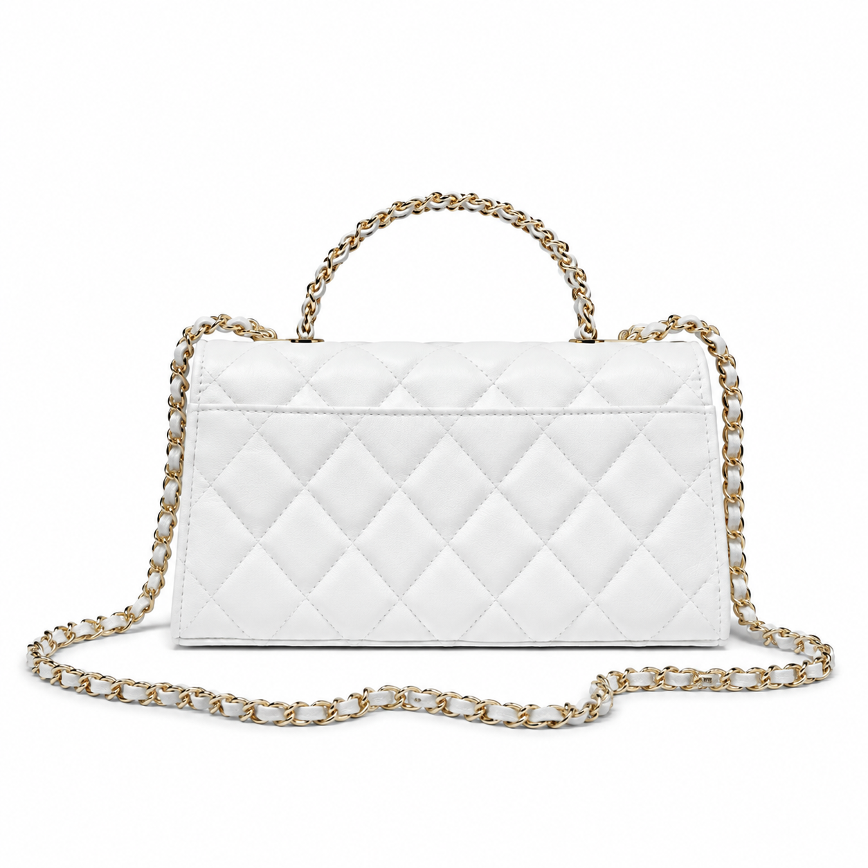 Chanel White Smooth Quilted Mini Top Handle Flap Bag | Gold Chain-Link CC Turn-Lock with Central Sphere & Dual White Chain