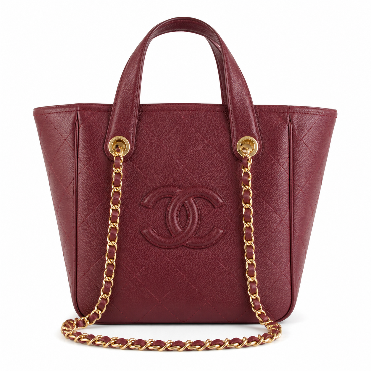 Chanel Small Shopping Tote Deep Burgundy Quilted Caviar Leather | Embossed CC Logo — 21cm