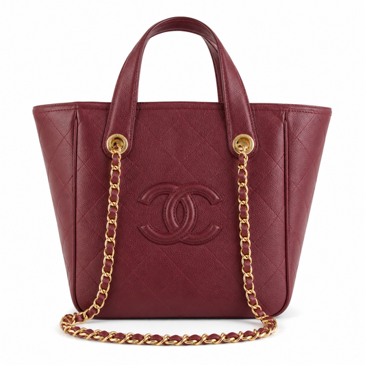 Chanel Small Shopping Tote Deep Burgundy Quilted Caviar Leather | Embossed CC Logo — 21cm