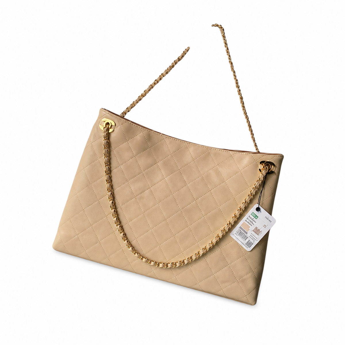 Chanel CC Diagonal Quilted Lambskin Tote | Beige & Gold Chain — 40cm