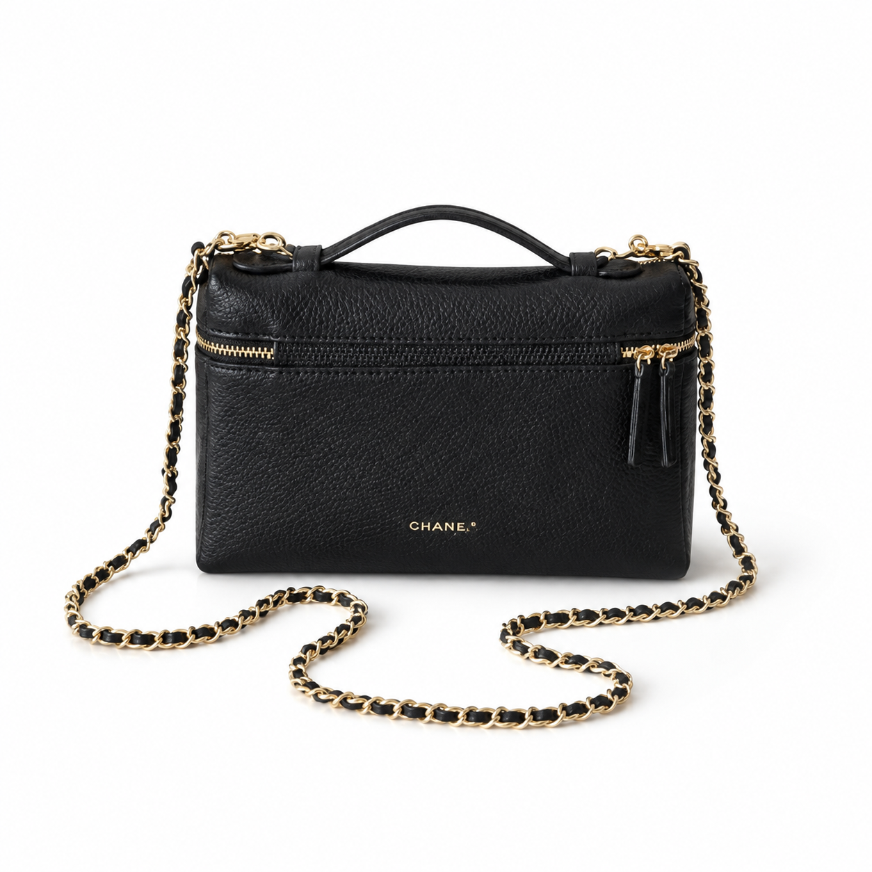 Chanel Black Pebbled Leather Camera Bag | Dual-Zip Top, Top Handle & Gold Leather-Woven Chain