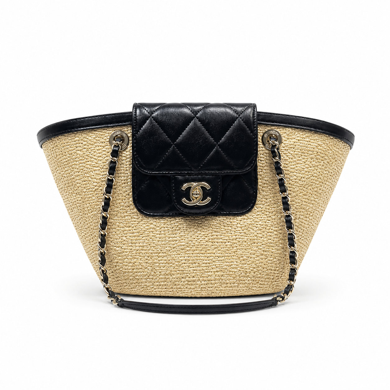Chanel Small Basket Bag Natural Raffia & Black Quilted Lambskin | Silver CC Turn-Lock — 41cm