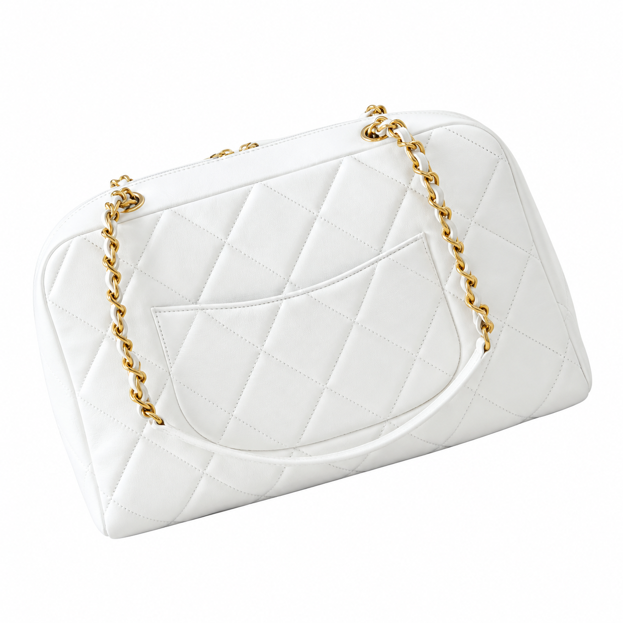 Chanel Quilted Lambskin Bowling Bag White 21×33×15cm