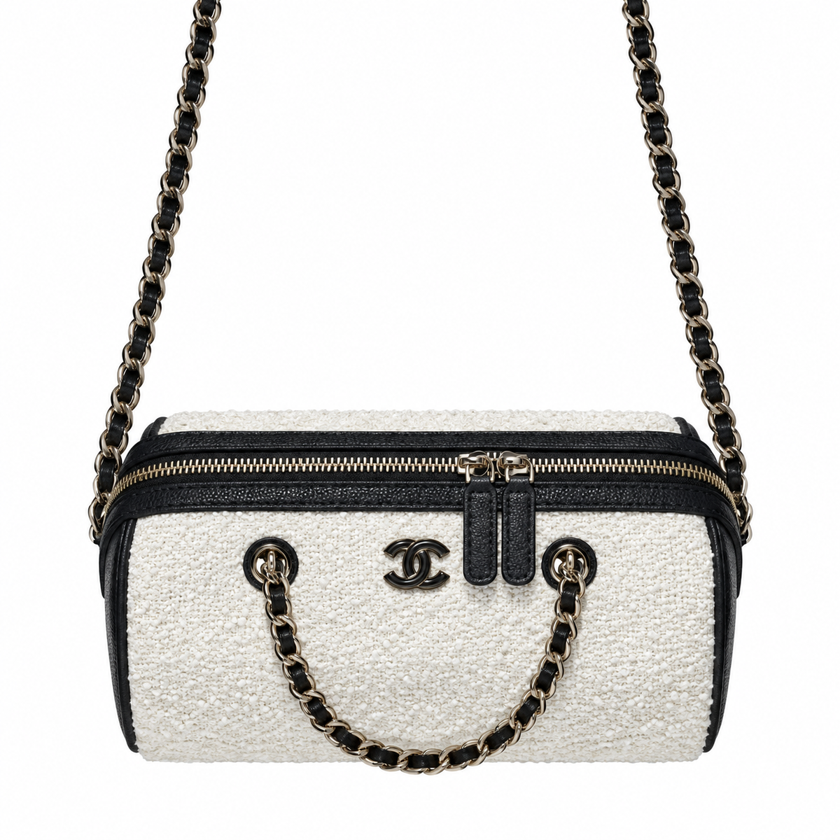 Chanel Tweed Camera Bag White Black Silver CC 18.5cm