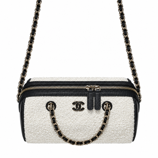Chanel Tweed Camera Bag White Black Silver CC 18.5cm