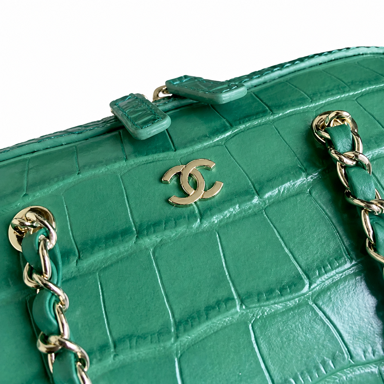Chanel Jade Green Croc-Embossed Camera Bag | Gold CC Badge & Burgundy Interior