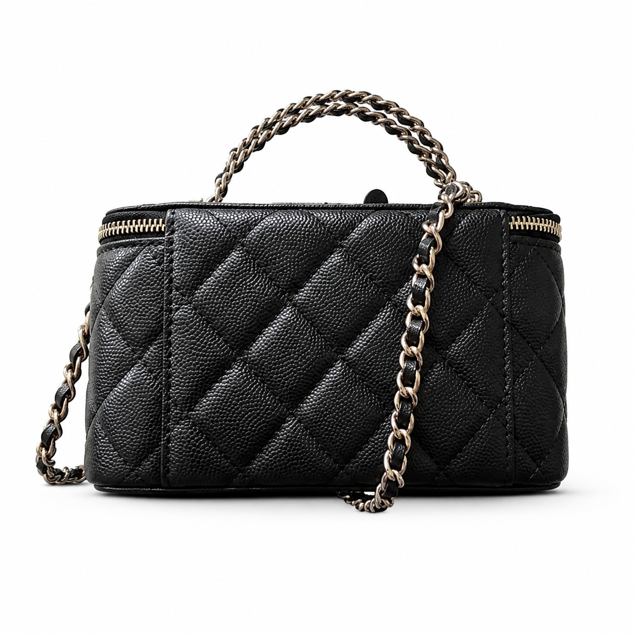 Chanel Black Diagonal Quilted Caviar Vanity Box Bag | Chain Top Handle & Silver Chain