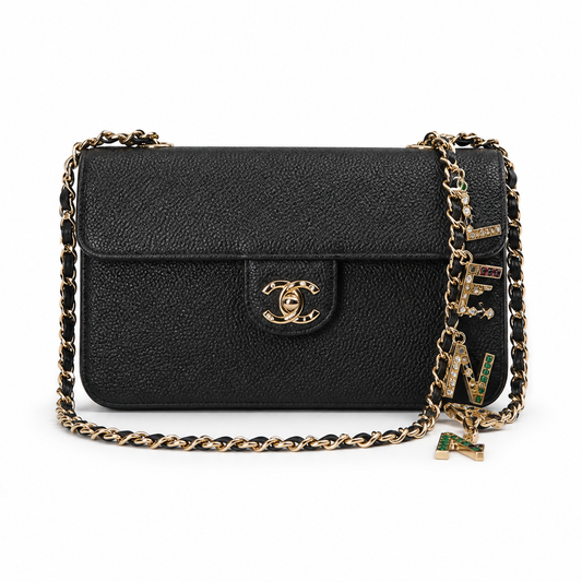 Chanel Black Caviar Classic Flap Bag | Gold CC Turn-Lock & Crystal Letter Charms Chain