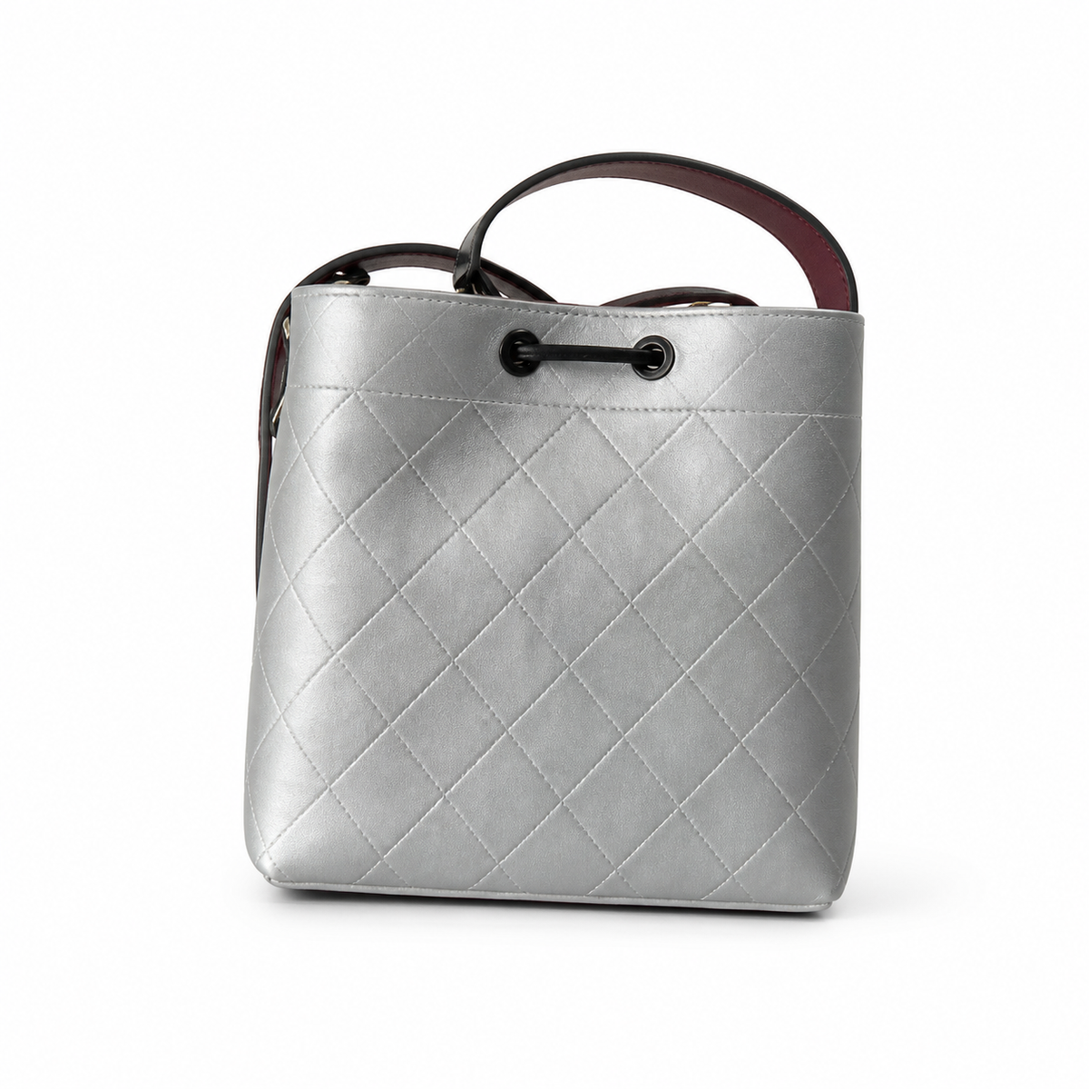 Chanel Bucket Bag Metallic Silver Quilted Lambskin | Ruthenium Hardware & Burgundy Interior — 23cm