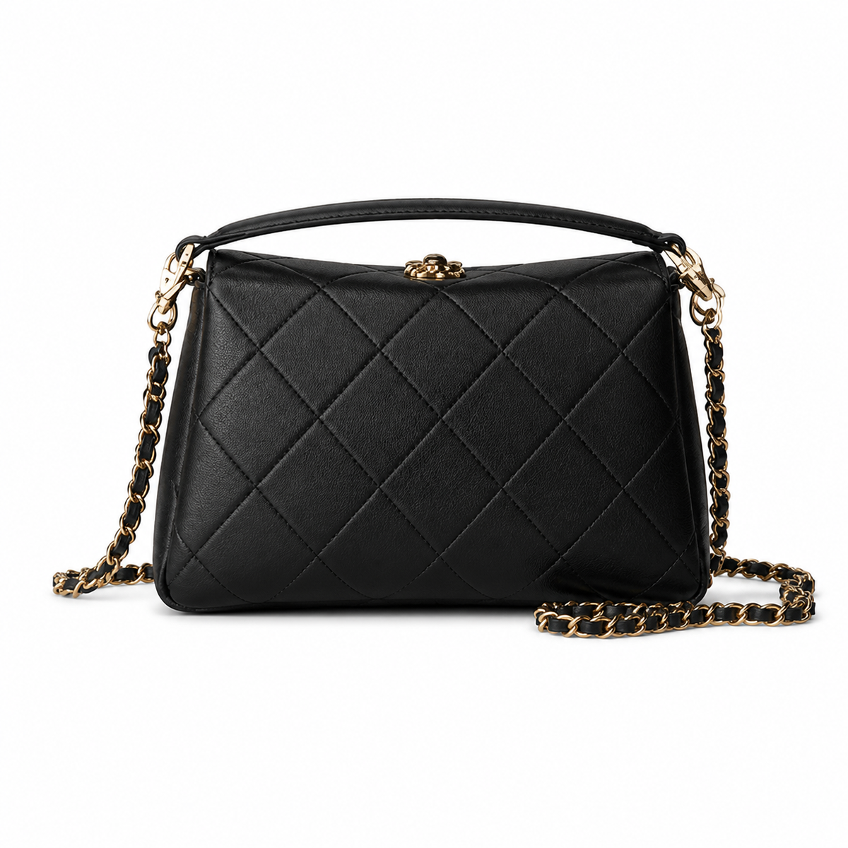 Chanel Black Quilted Lambskin Top Handle Crossbody | Camellia Turn-Lock — 23cm