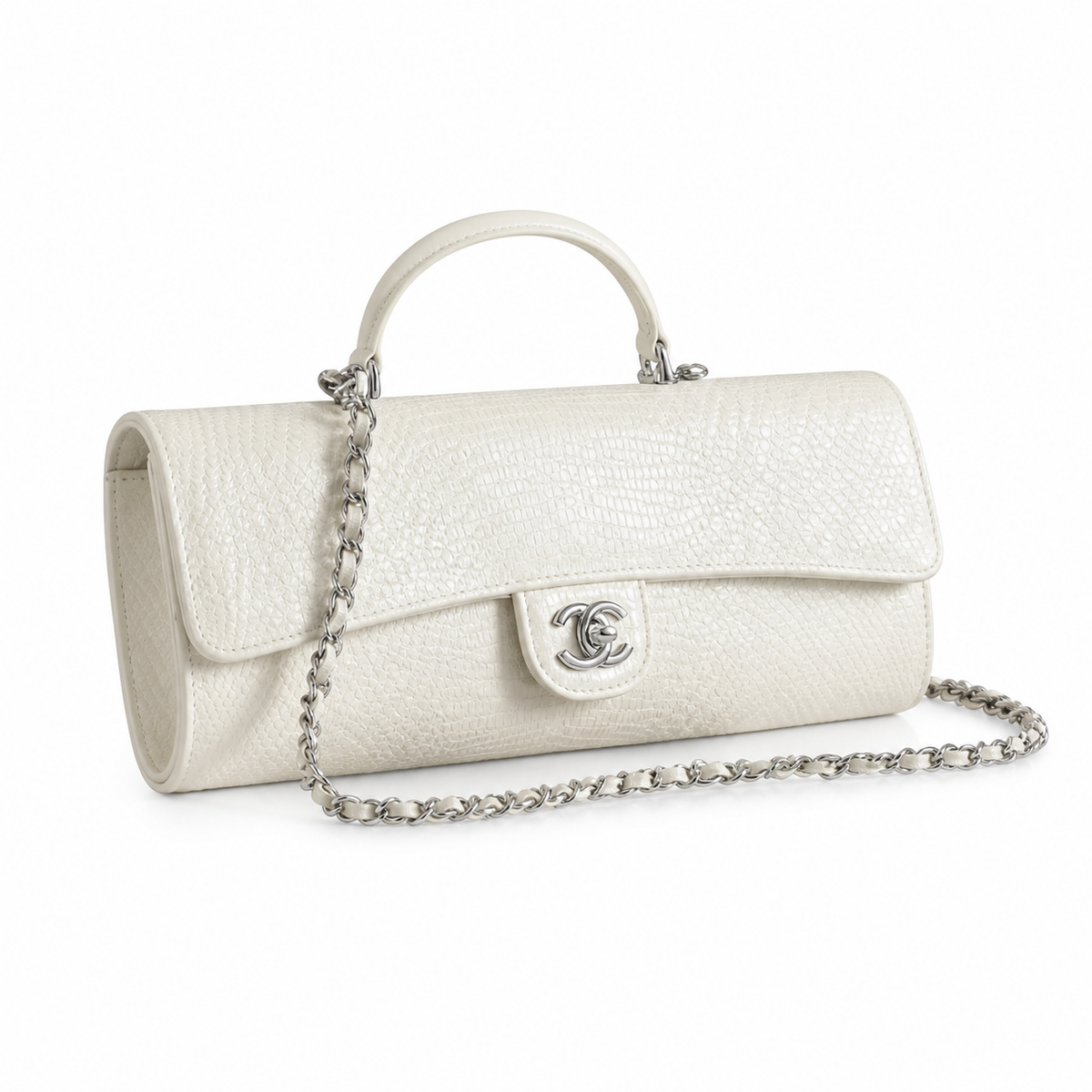 Chanel CC Embossed Cylindrical Flap Bag | White & Silver — 25cm