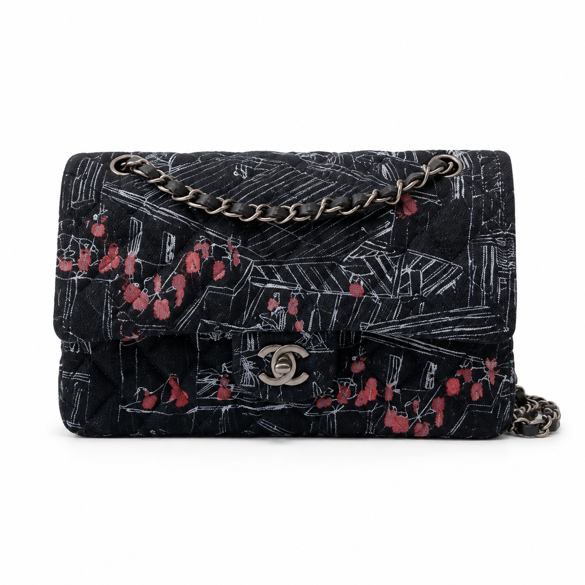 Chanel Medium Flap Bag | Embroidered Fabric Art Print Ruthenium CC Black — 20cm