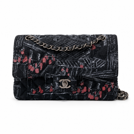 Chanel Medium Flap Bag | Embroidered Fabric Art Print Ruthenium CC Black — 20cm