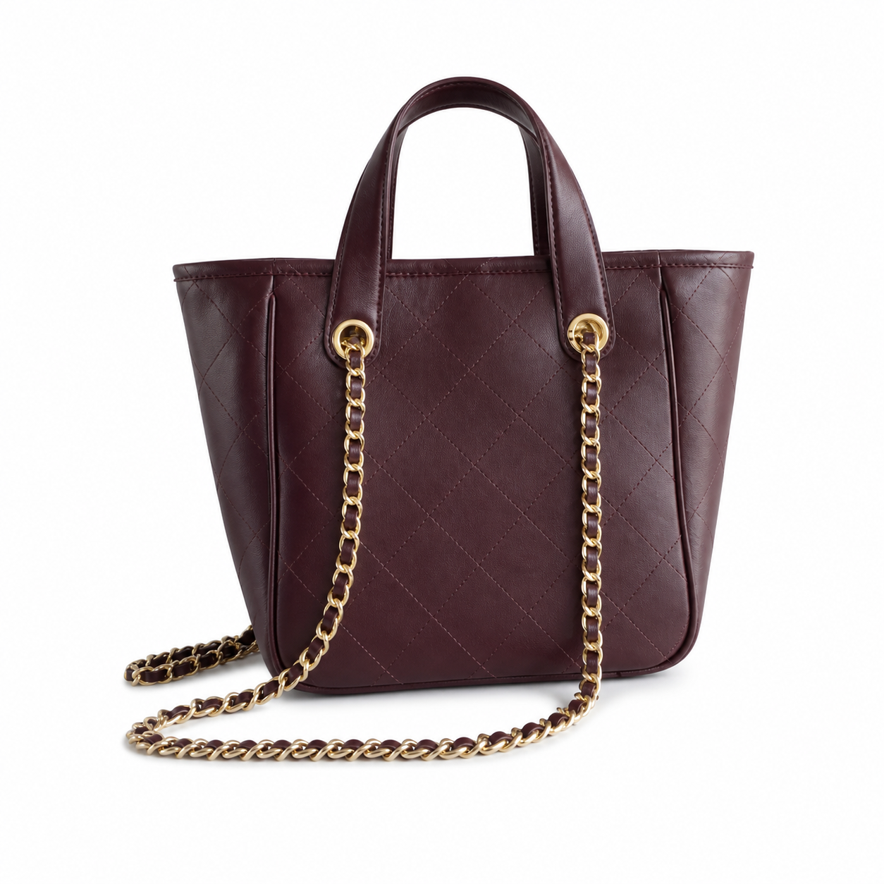 Chanel Small Shopping Tote Burgundy Oxblood Quilted Lambskin | Embossed CC & Gold Chain — 21cm
