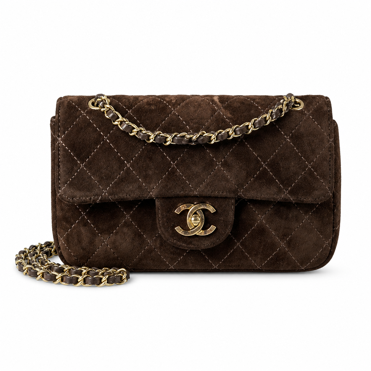 Chanel Classic Single Flap Bag Dark Chocolate Brown Quilted Suede | Aged Gold CC — 20cm