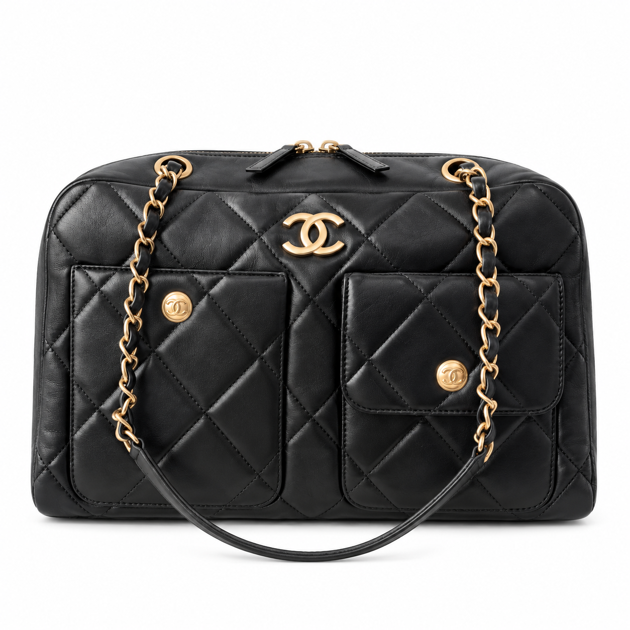 Chanel Quilted Lambskin Dual Pocket Bowling Bag Black 21×33×15cm