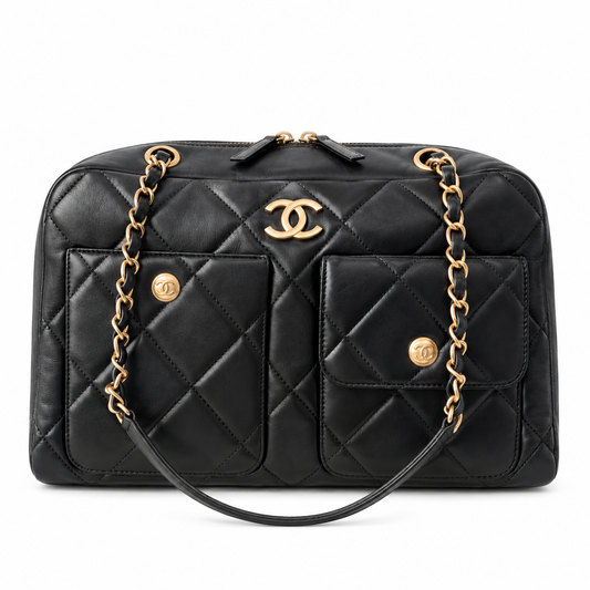 Chanel Quilted Lambskin Dual Pocket Bowling Bag Black 21×33×15cm
