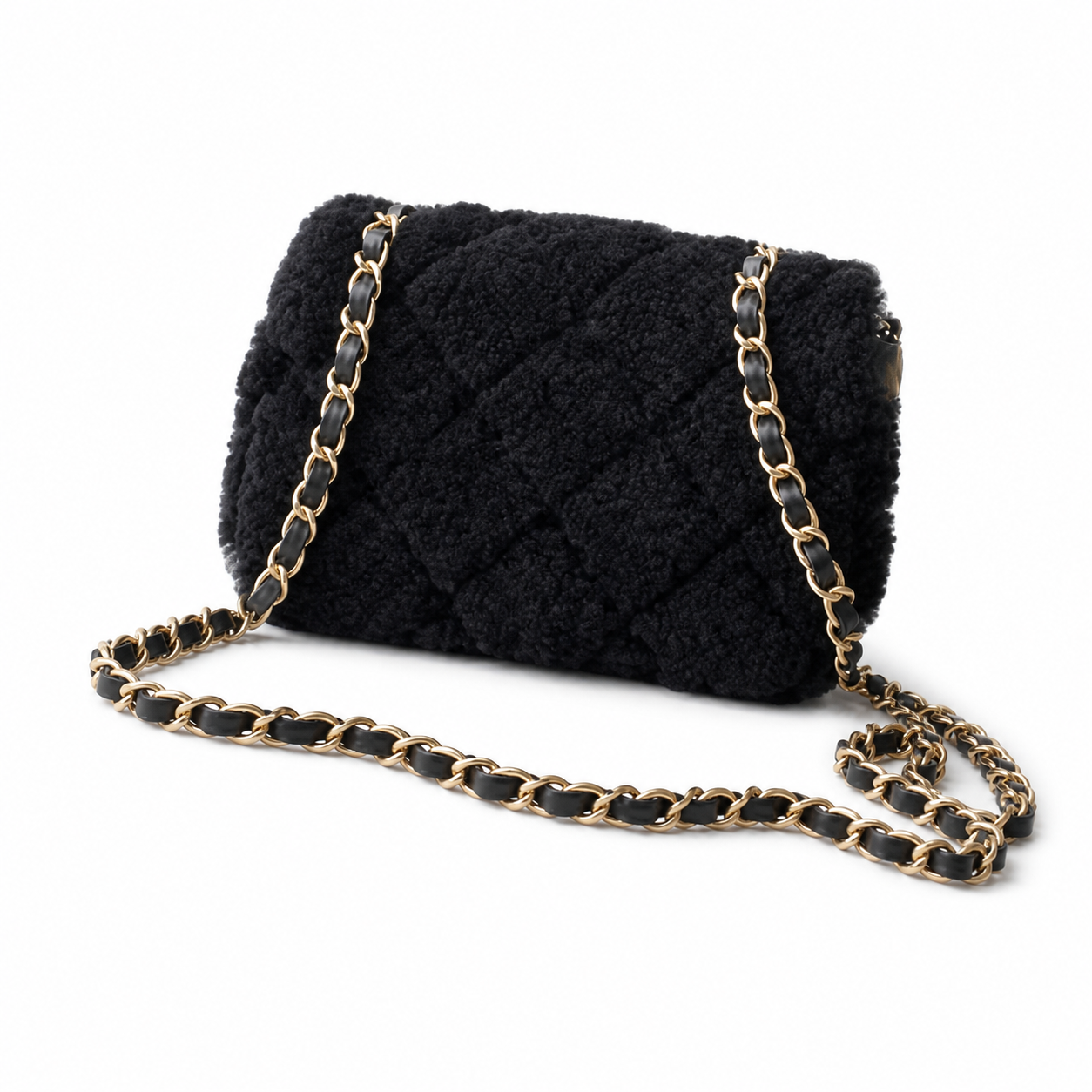 Chanel Shearling Quilted Flap Bag | Gold Leather Chain Black — 12x18cm