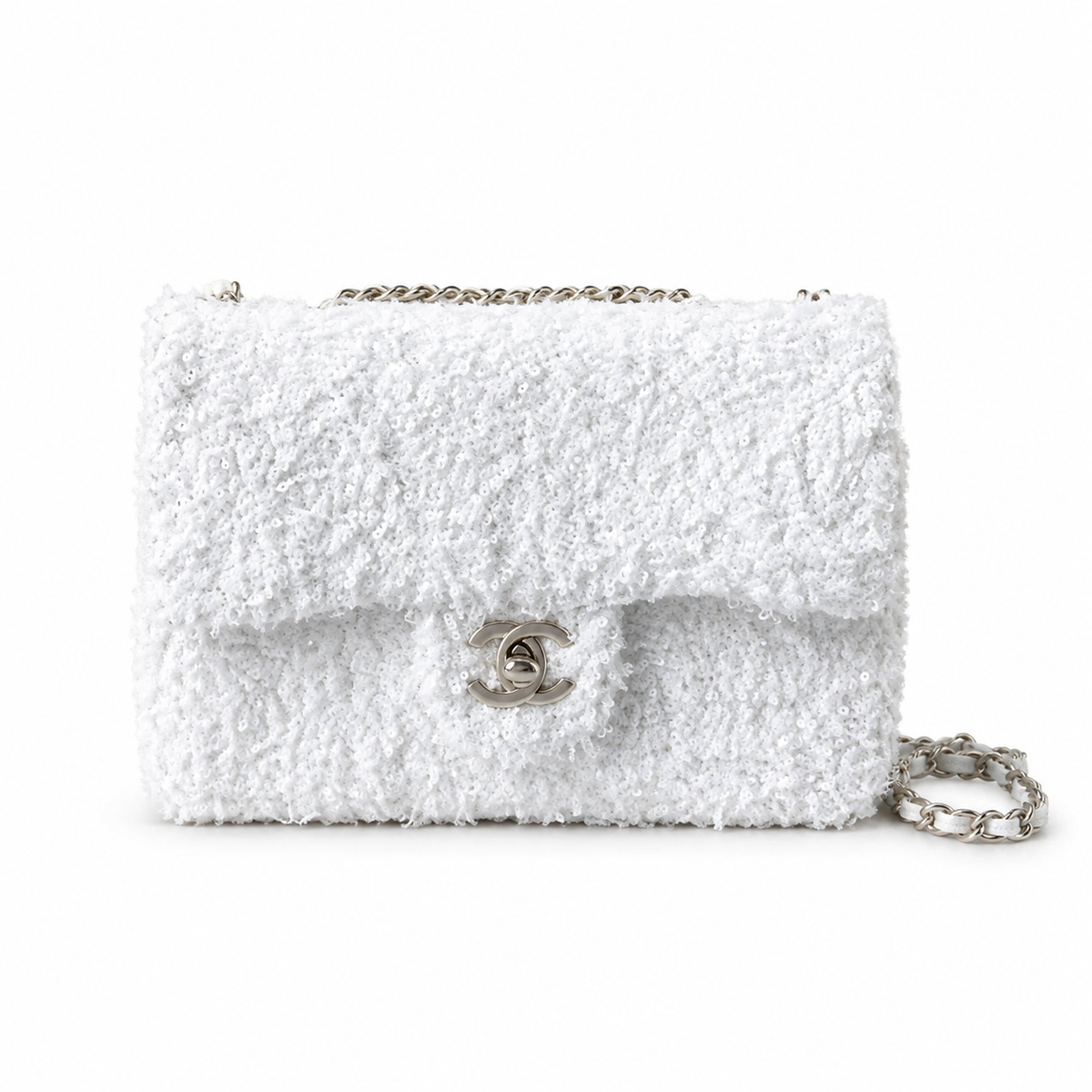 Chanel White Bouclé & Pearl Sequin Flap Bag | Conditionally Visible Embellishment, Silver CC & Bare Chain