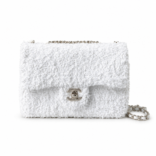 Chanel White Bouclé & Pearl Sequin Flap Bag | Conditionally Visible Embellishment, Silver CC & Bare Chain