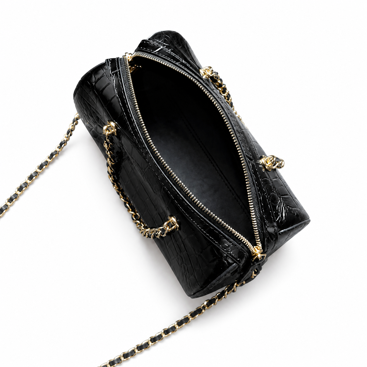 Chanel Black Croc-Embossed Mini Bowling Bag | Dual Gold Zippers — 19cm