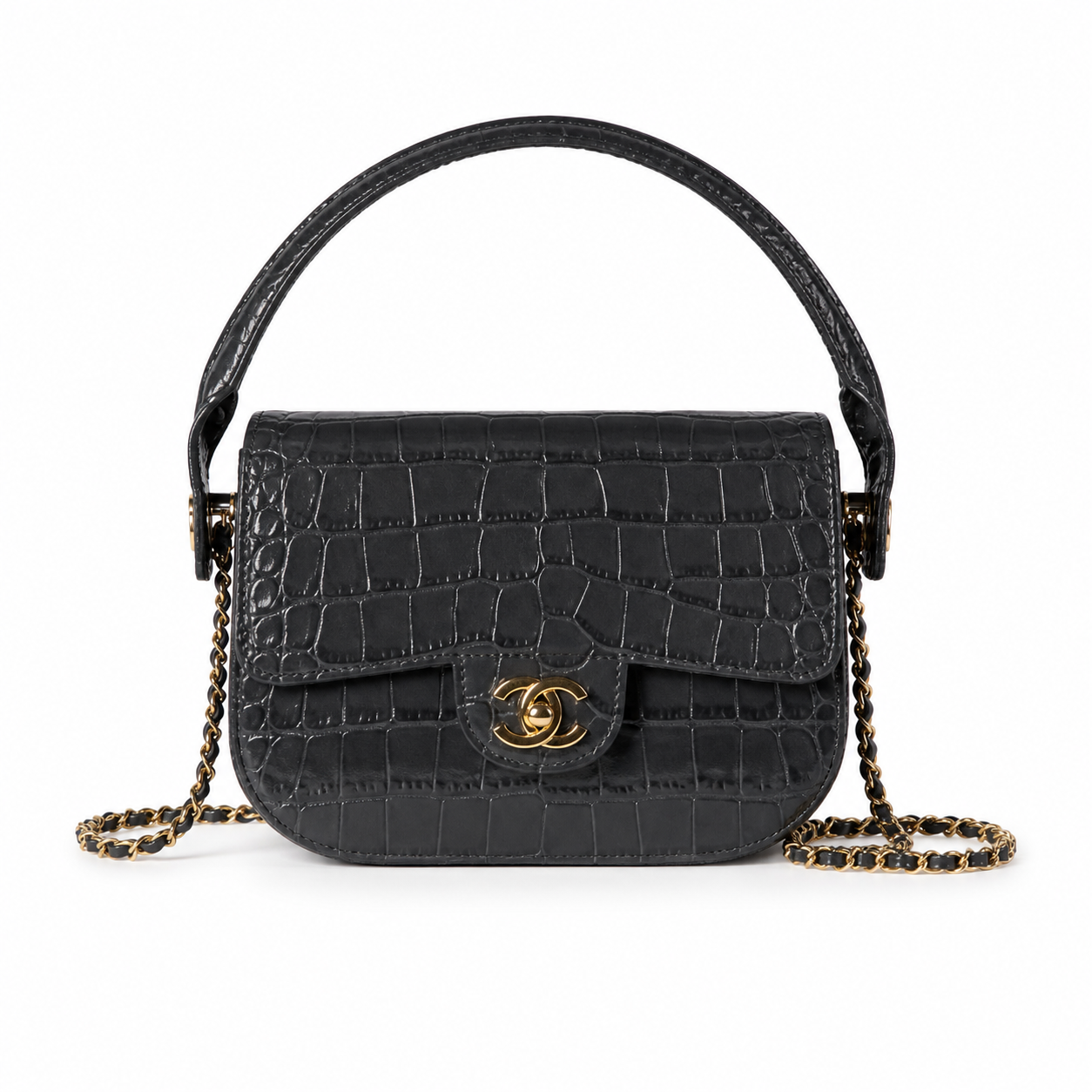 Chanel Charcoal Grey Croc Mini Flap Top Handle Bag | Antique Gold CC — 19.6cm
