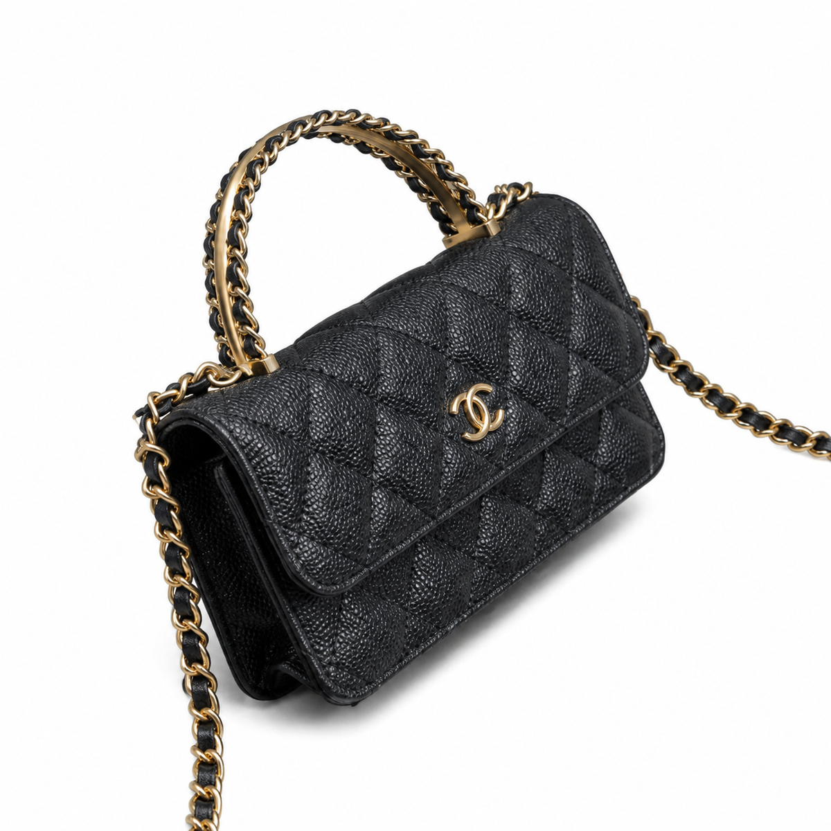 Chanel Black Quilted Caviar Mini Flap Bag | Top Handle & Gold Chain
