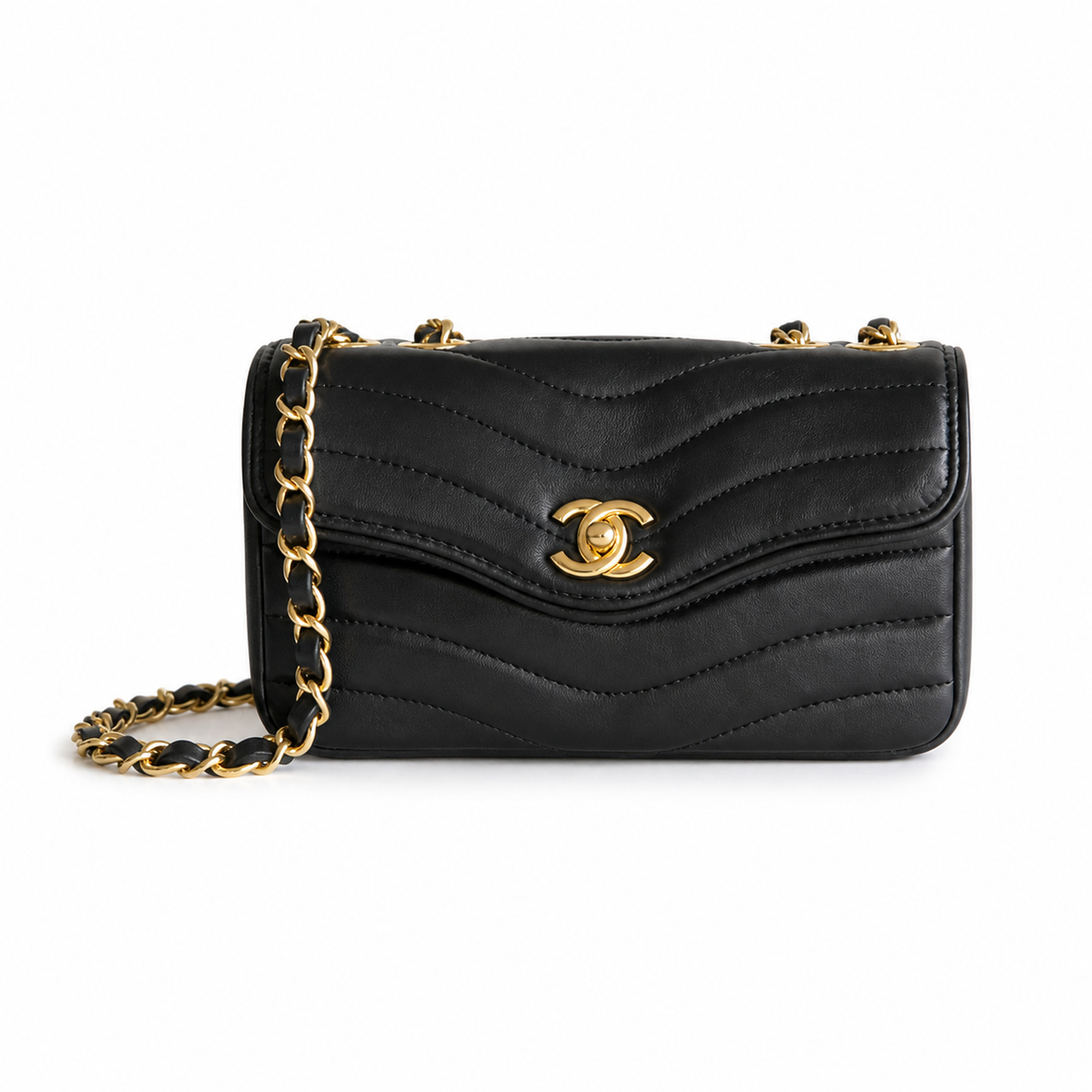 Chanel Wave-Quilted Mini Flap Black Lambskin | Gold CC Turn-Lock & Chain — 27cm