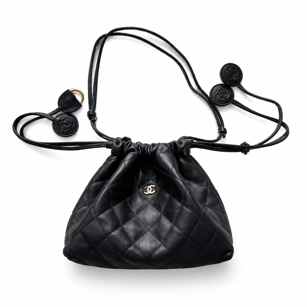 Chanel Black Lambskin Quilted Drawstring Bucket Bag | Four CC Coin Charms & Adjustable Strap