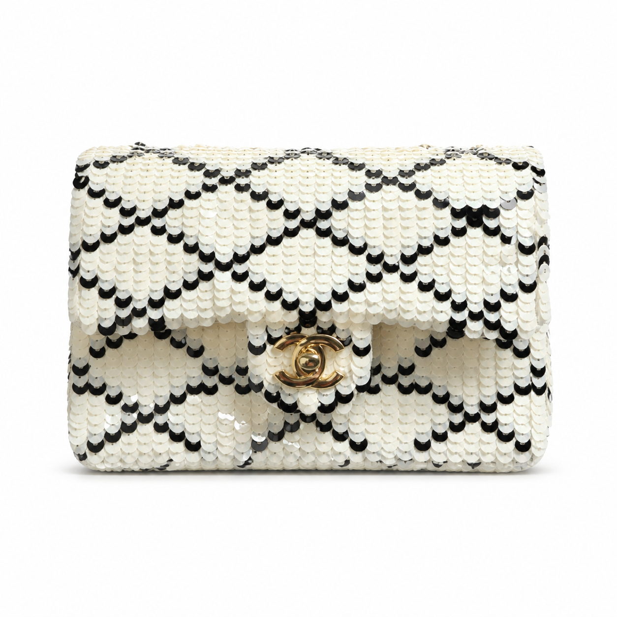 Chanel CC Sequin Flap Bag | White & Black Sequin & Gold — 21cm