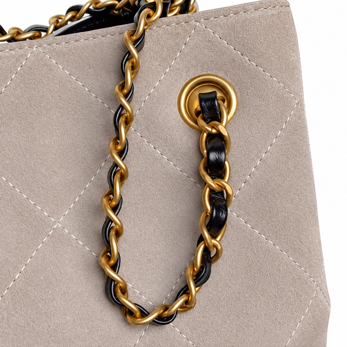 Chanel 24B Bicolor Suede Lambskin Quilted Hobo Bag Stone Black 24×36×14cm