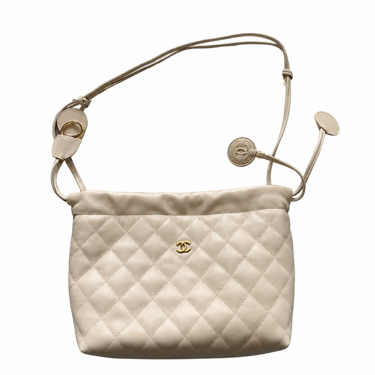 Chanel Ivory Lambskin Quilted Drawstring Bucket Bag | Gold CC Logo & CC Coin Charm Strap