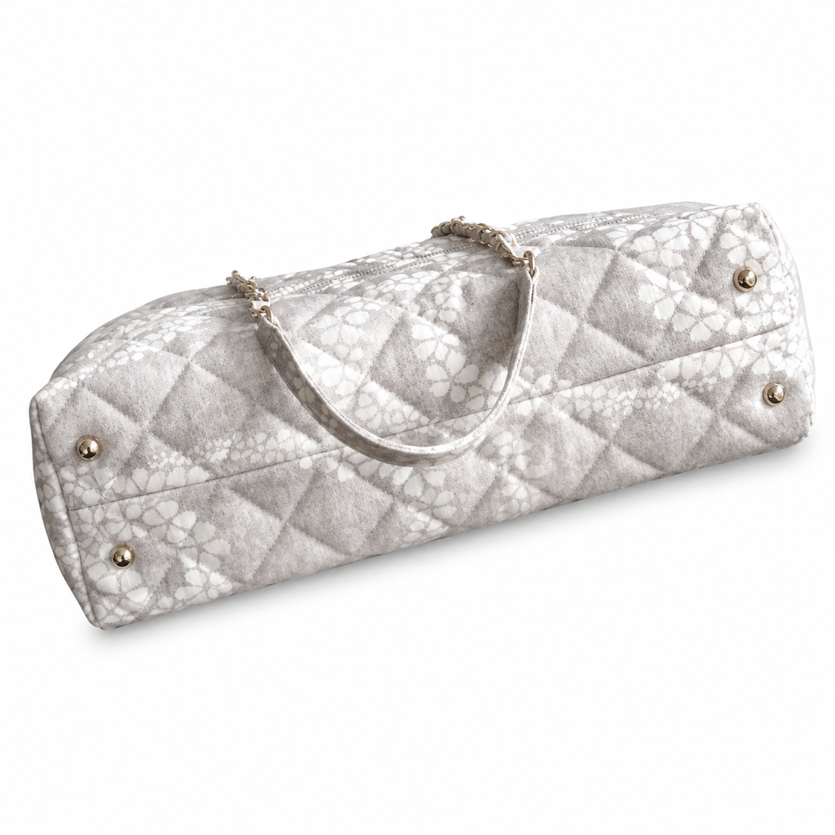 Chanel Grey & White Floral Jacquard Quilted Shopping Tote | Gold Oval Logo Plate, Silver Chain & Fabric Top Handle