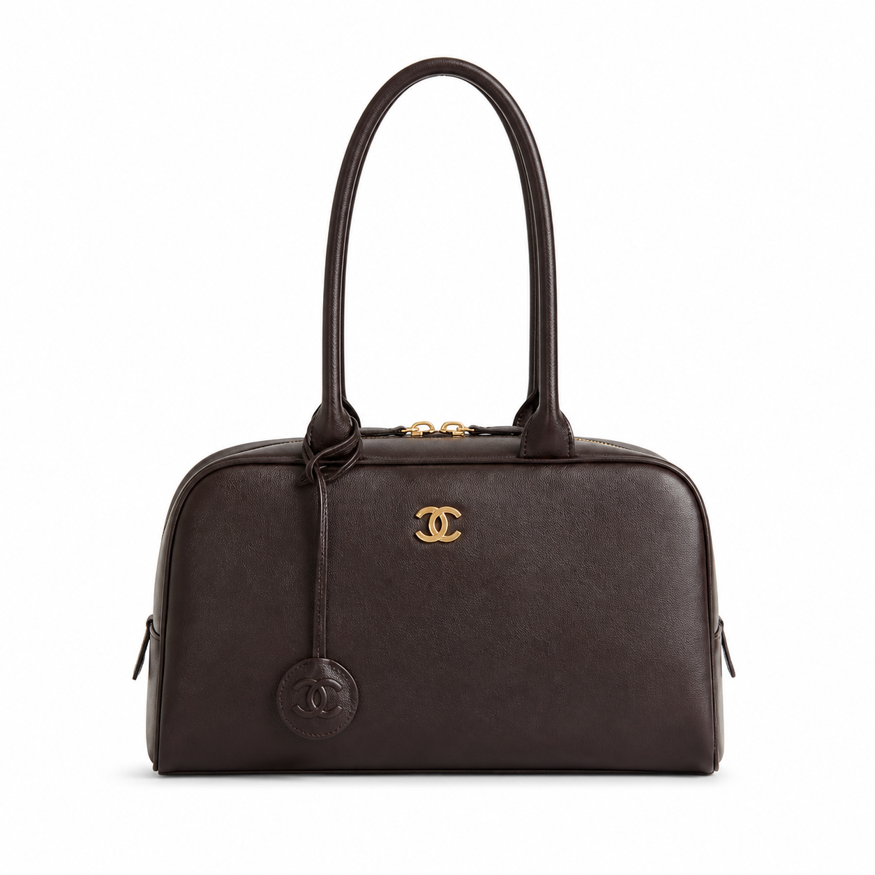 Chanel Bowling Bag Dark Chocolate Grained Leather | Dual Handles & CC Charm Ball — 29cm