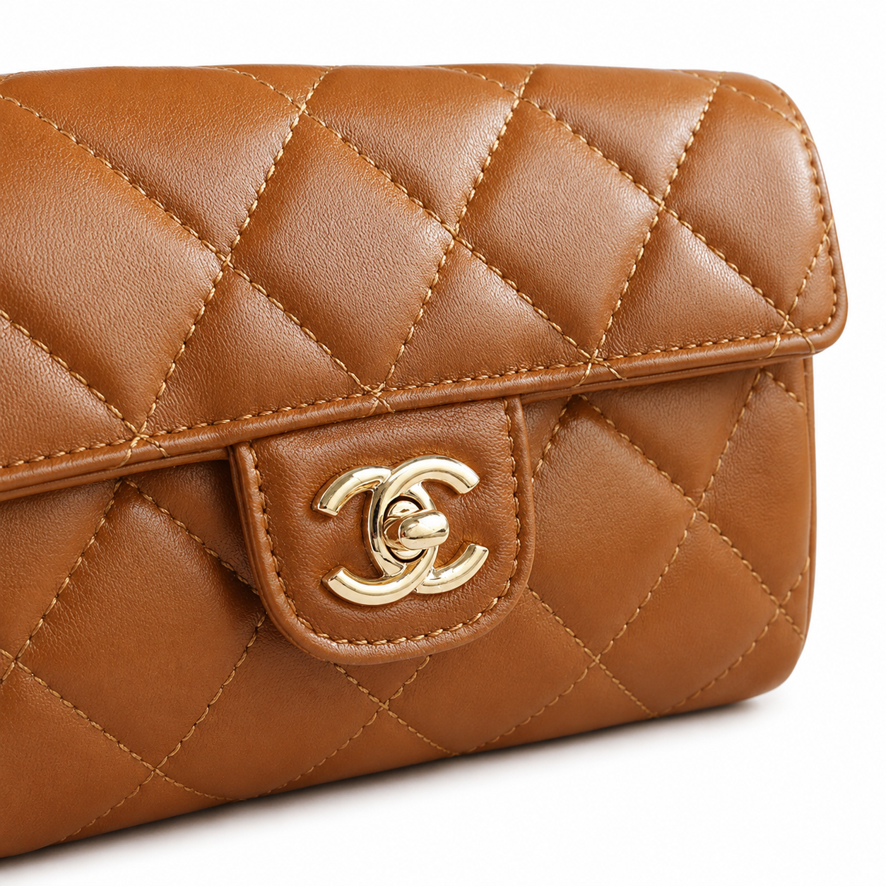 Chanel Caramel Lambskin Large-Quilted Elongated Flap Bag | Top Handle & Tonal Gold Chain