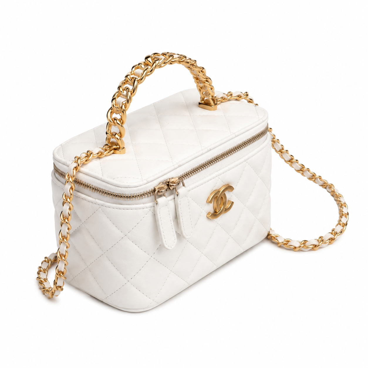 Chanel White Quilted Lambskin Vanity Box Bag | Gold CC Chain Handle