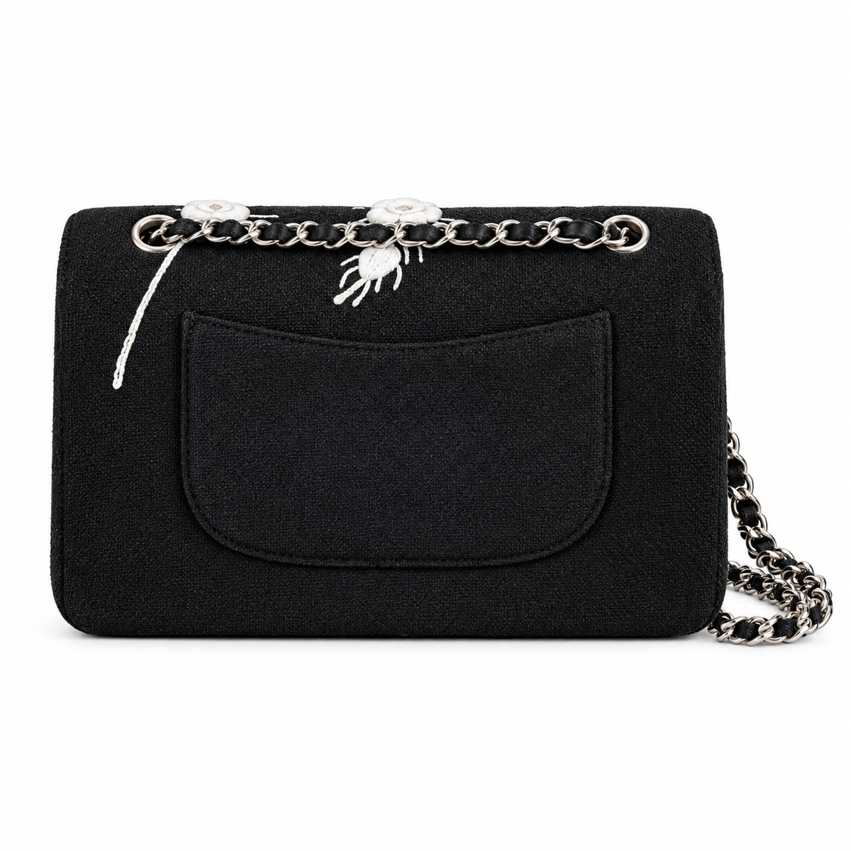 Chanel Classic Double Flap Tweed Black Camellia Charm Silver 25cm