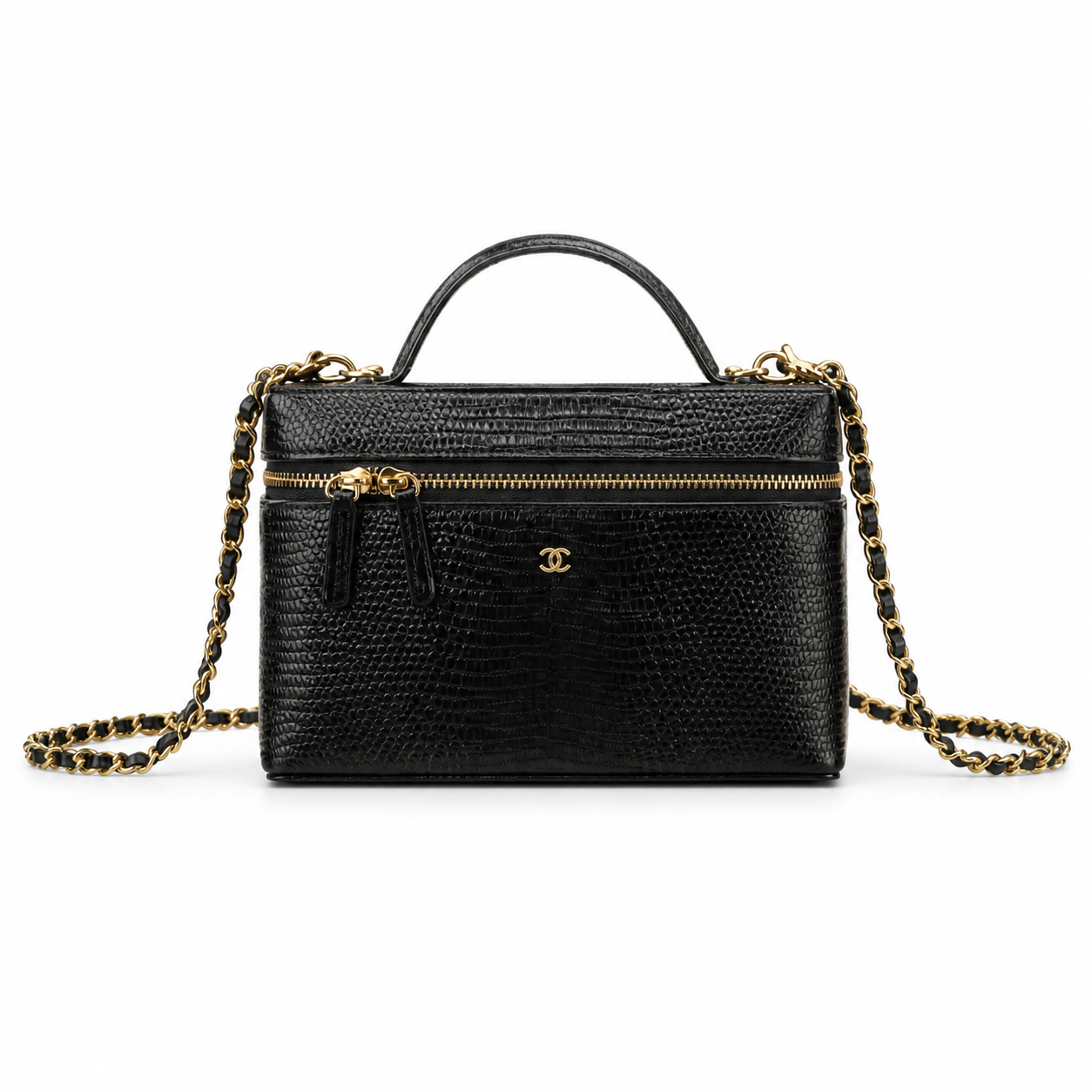Chanel Black Iridescent Lizard-Embossed Vanity Case | Double Gold Chain — 18cm