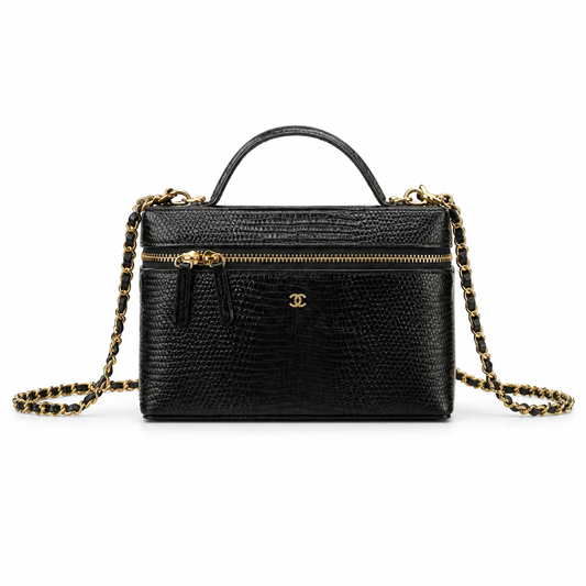 Chanel Black Iridescent Lizard-Embossed Vanity Case | Double Gold Chain — 18cm