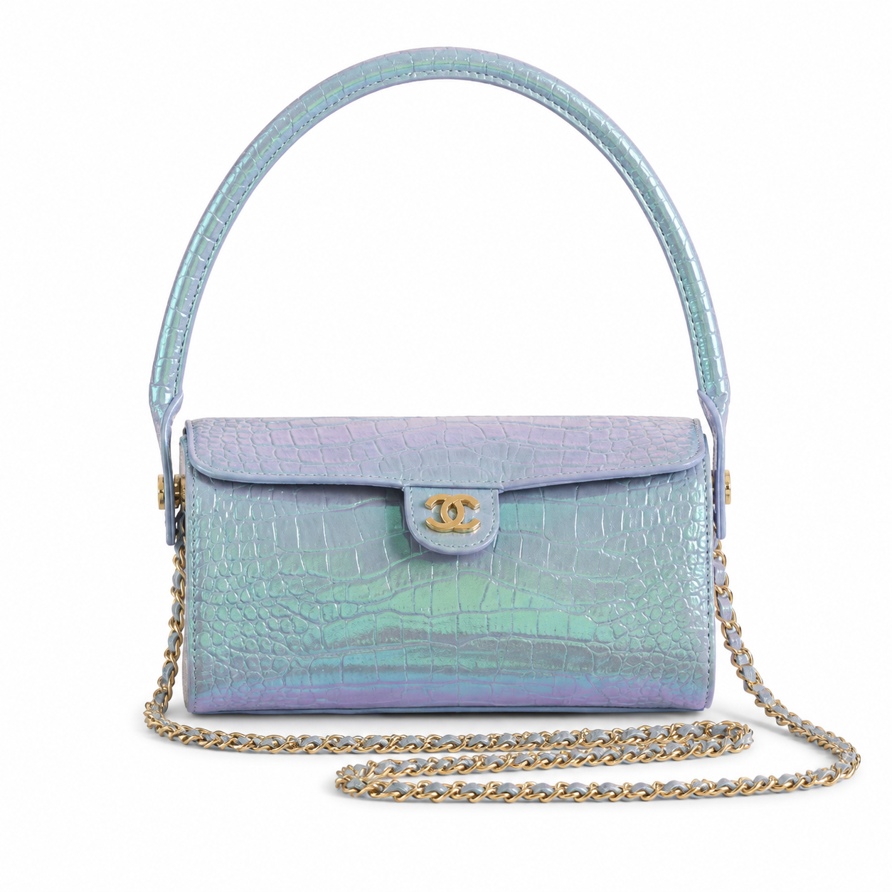 Chanel CC Iridescent Croc-Embossed Cylindrical Flap Bag | Gold — 23cm