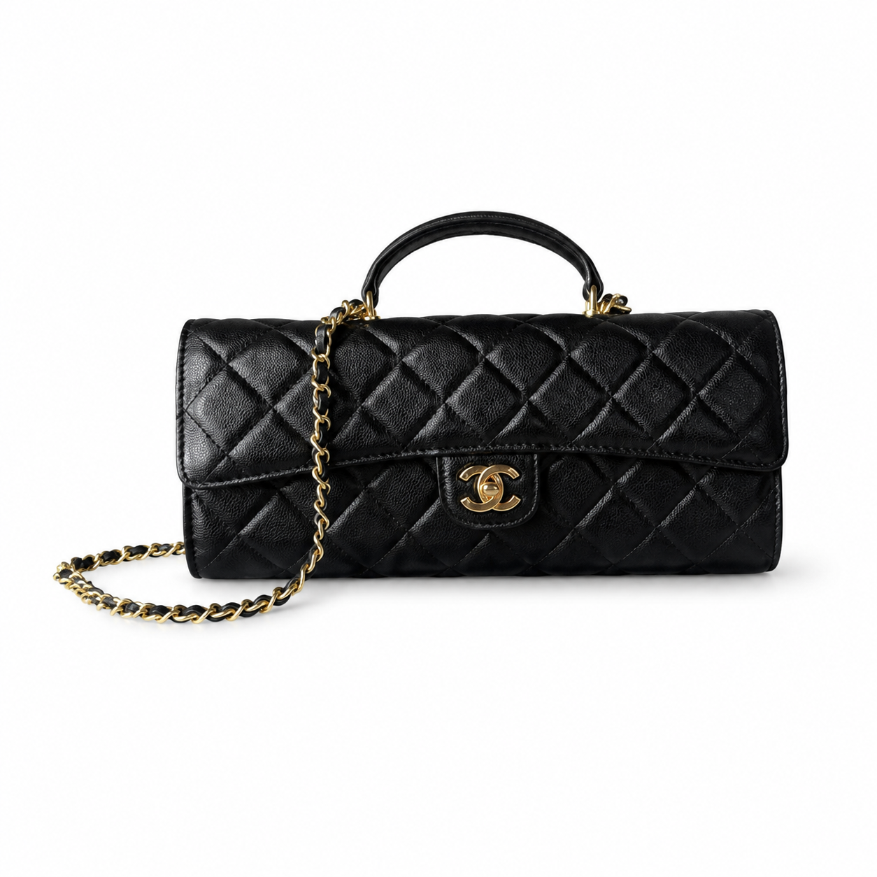Chanel Black Vintage-Effect Diamond-Quilted Lambskin Elongated Flap Bag | Top Handle & Tonal Chain