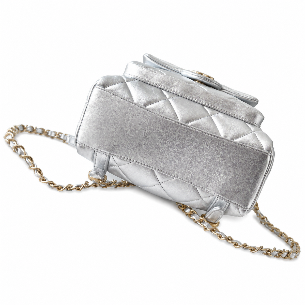 Chanel Metallic Quilted Mini Backpack | Gold Chain Silver Leather — 22cm
